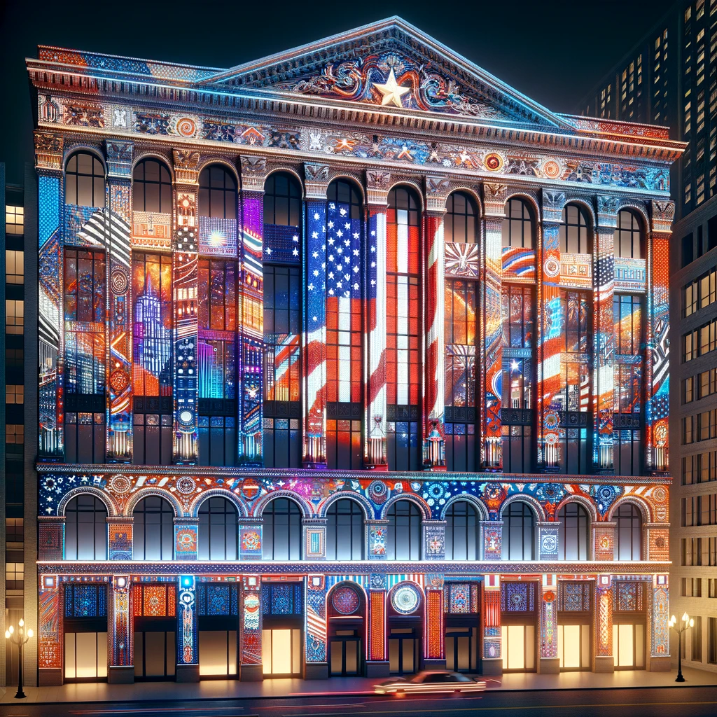 DALL·E 2024 02 29 15.34.57 Create an image of a building facade based in the USA showcasing intricate videomapping designs. The building should reflect American architectural s