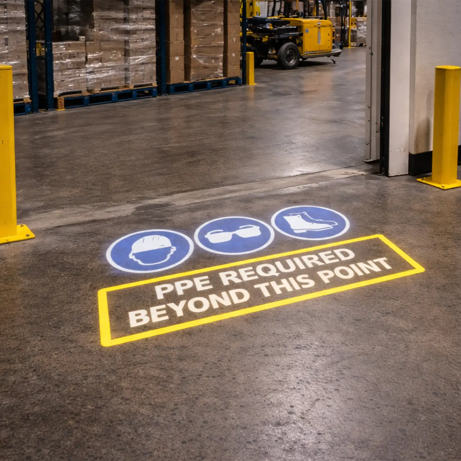 Projected PPE reminder sign for industrial safety