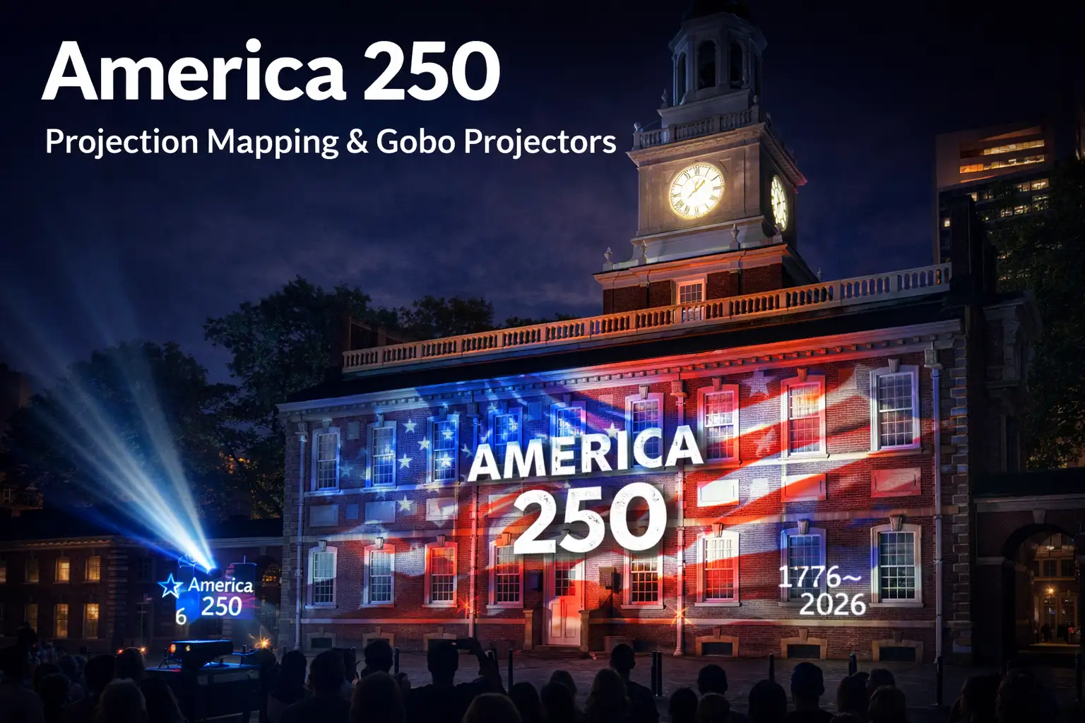 America 250 projection mapping on a historic building with patriotic visuals