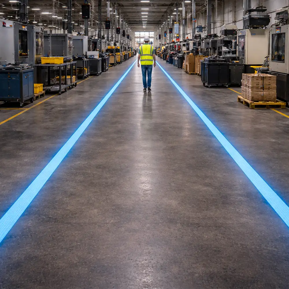 Blue laser lines creating a pedestrian walkway in a manufacturing facility