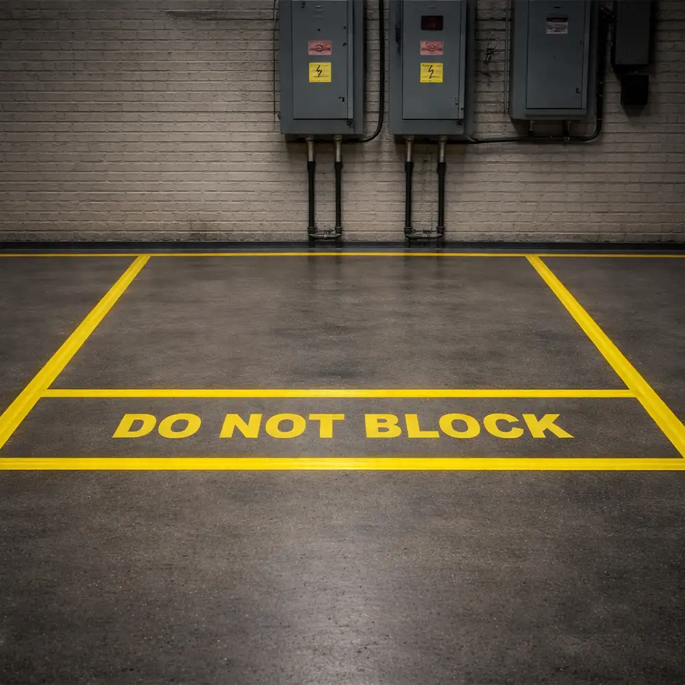 Keep-clear lane with do not block marking projected on warehouse floor