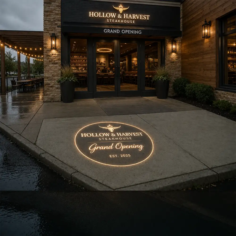 Storefront logo and entry projection outside a retail storefront