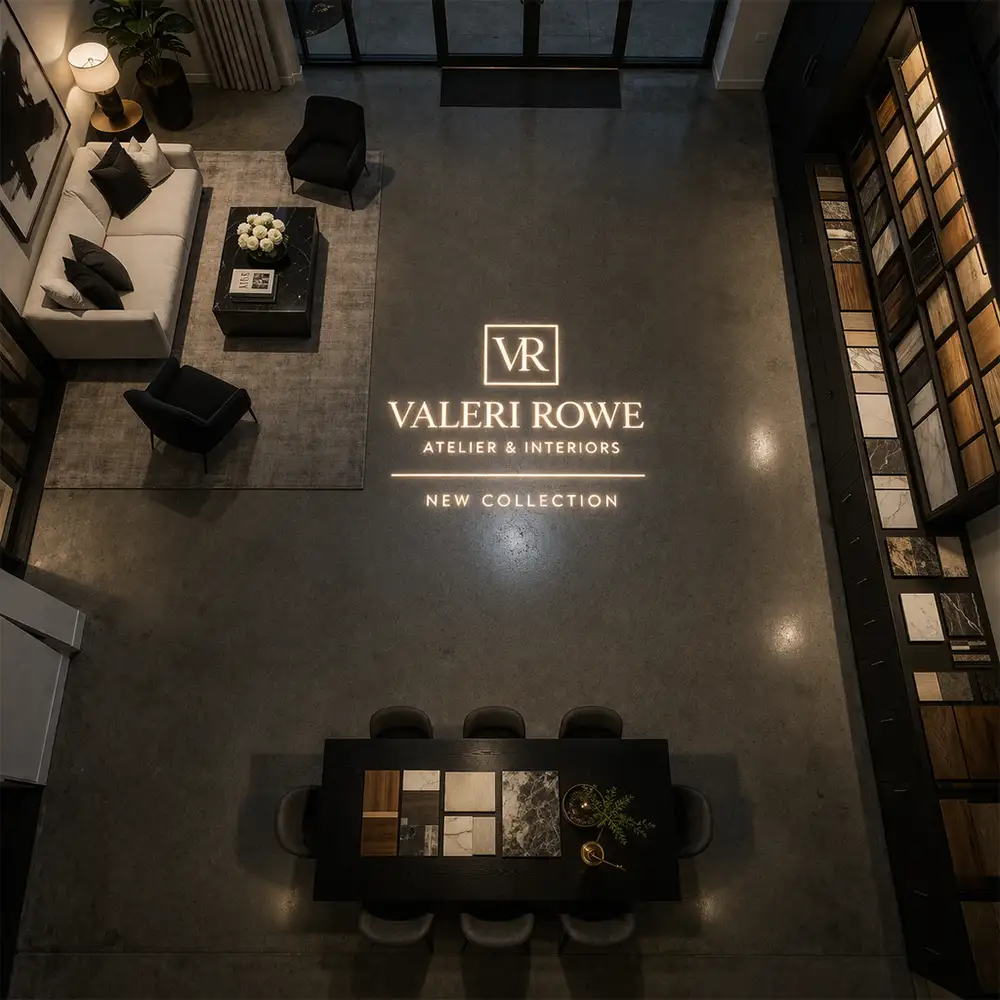 Storefront logo and entry projection outside a retail storefront