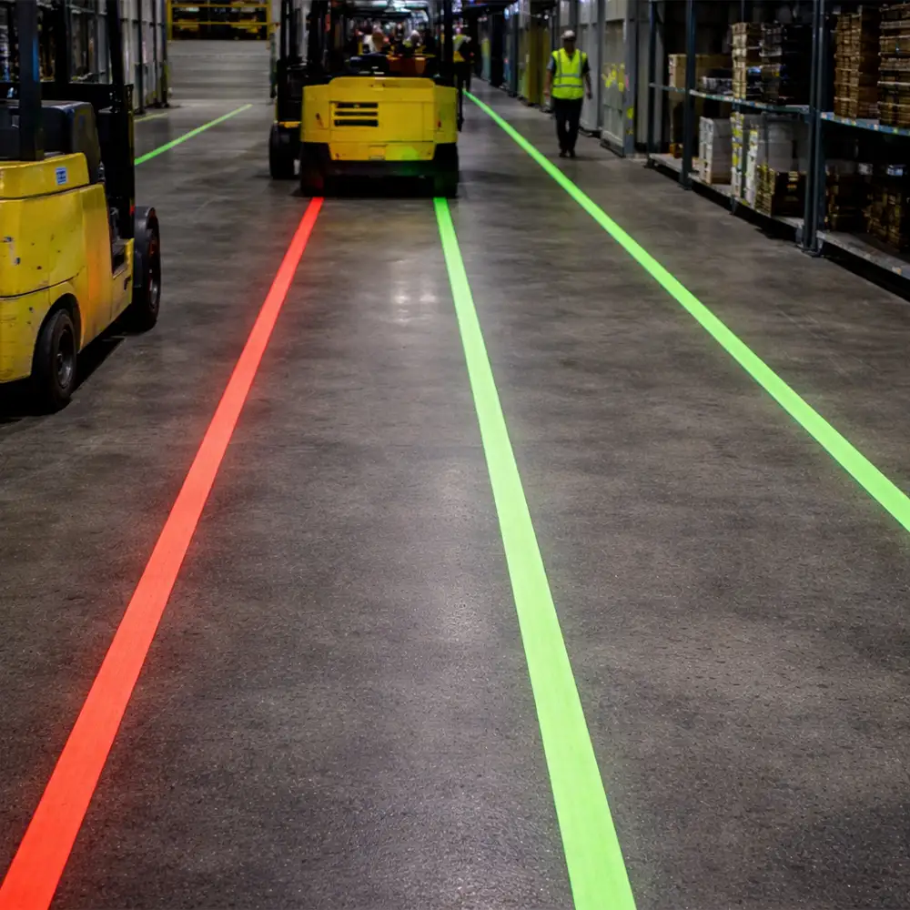 Traffic separation using red and green laser lines in a warehouse
