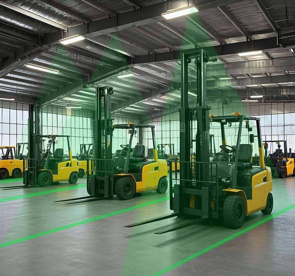 Warehouse laser line projector for virtual walkways, keep clear lanes, and exclusion zones