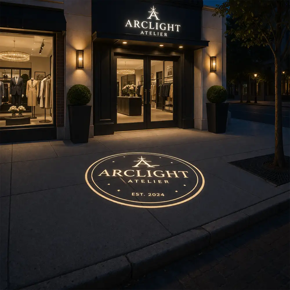 Retail storefront logo projection on the sidewalk outside a boutique entrance