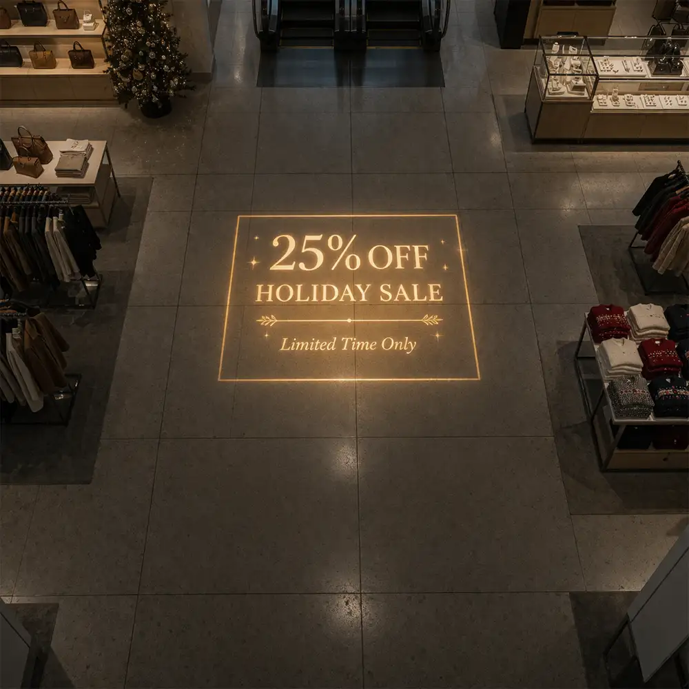 Storefront logo and entry projection outside a retail storefront
