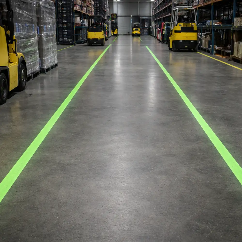 Virtual pedestrian walkways marked by green laser lines in a warehouse